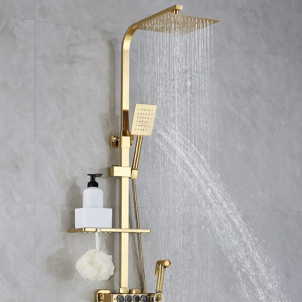 Ducha Tipo Lluvia. Set De Regadera Con Termostato Y Ducha De Mano Con Estante De Almacenamiento. Color Dorado. 1
