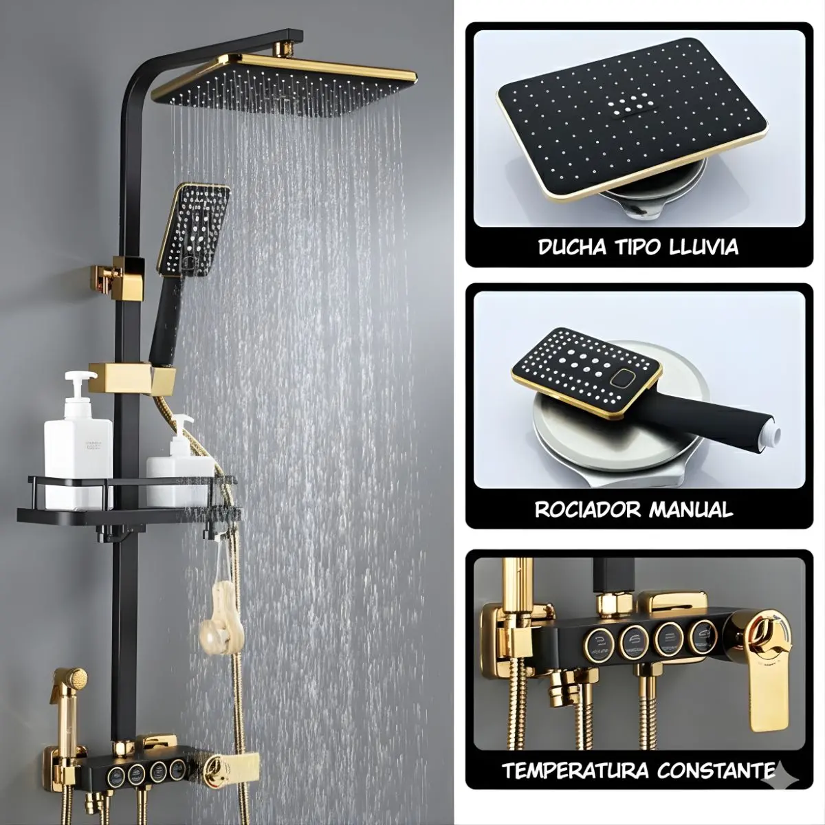 Ducha Tipo Lluvia. Set De Regadera Con Termostato Y Ducha De Mano Con Estante De Almacenamiento. Color Negro Con Dorado. 2