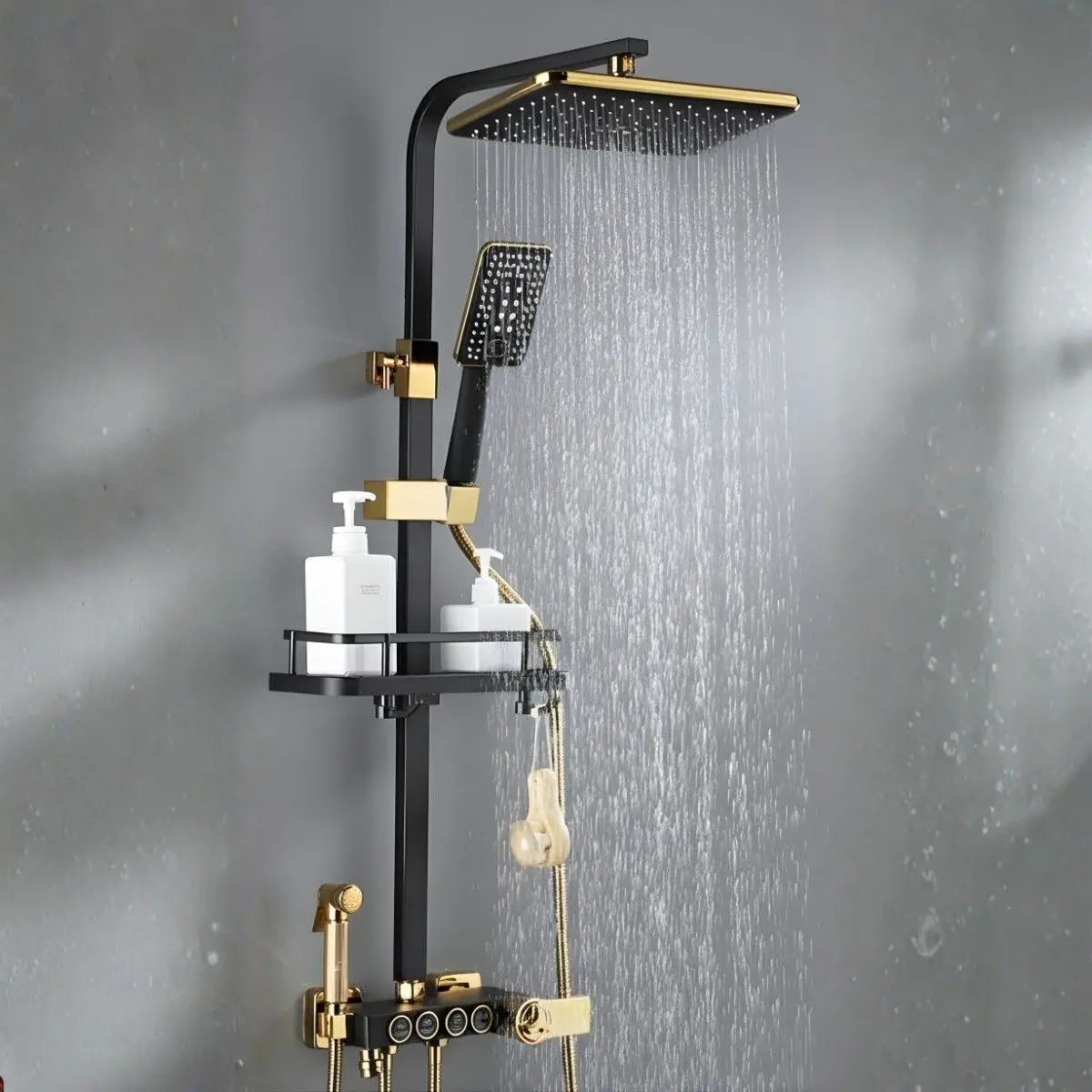 Ducha Tipo Lluvia. Set De Regadera Con Termostato Y Ducha De Mano Con Estante De Almacenamiento. Color Negro Con Dorado. 1