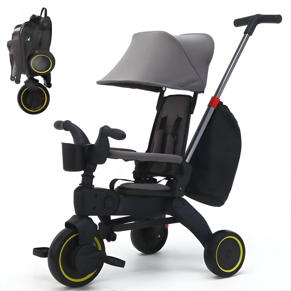 Coche Triciclo Plegable Para Bebé Con Bolsa Y Reposabrazos Acolchado. Color Gris. Cochecito Para Niños. 1