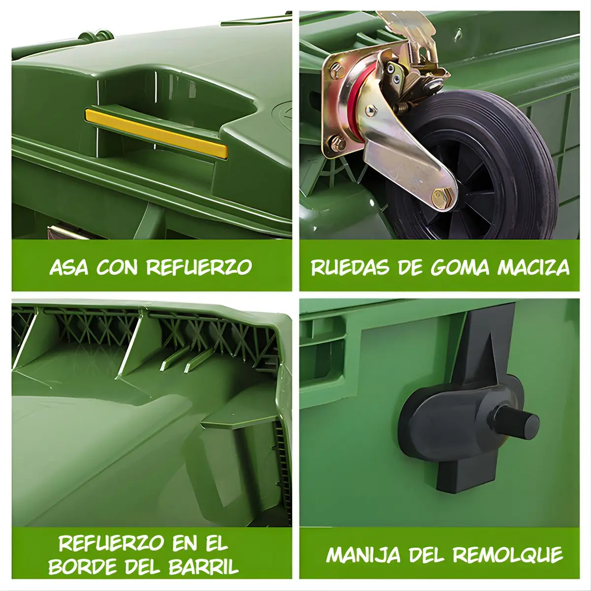 Contenedor De Basura 1100L Con Ruedas Y Tapa. Tanque De Residuos Industrial De Polietileno Reforzado. Color Verde. 2
