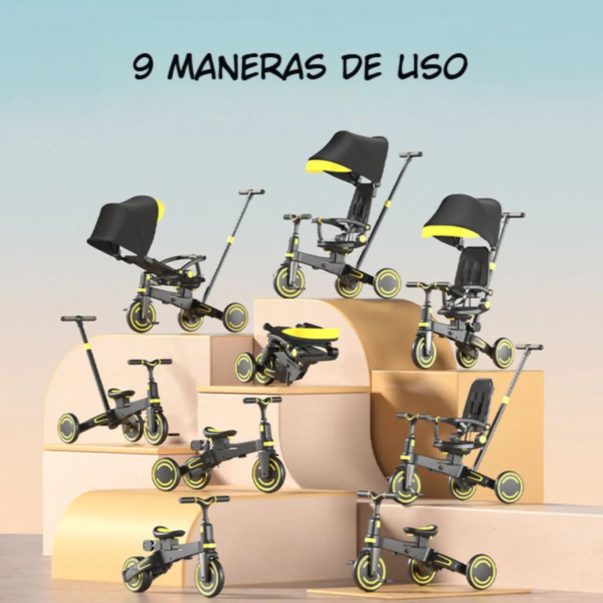 Coche Triciclo Evolutivo 9 En 1 Para Bebé Con Capota Y Barra De Empuje Ajustable. Color Negro Con Amarillo. Cochecito Infantil Plegable. 2