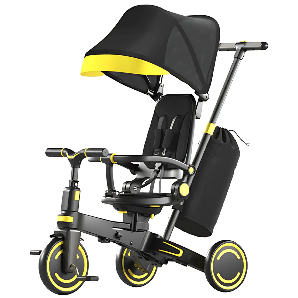 Coche Triciclo Evolutivo 9 En 1 Para Bebé Con Capota Y Barra De Empuje Ajustable. Color Negro Con Amarillo. Cochecito Infantil Plegable. 1