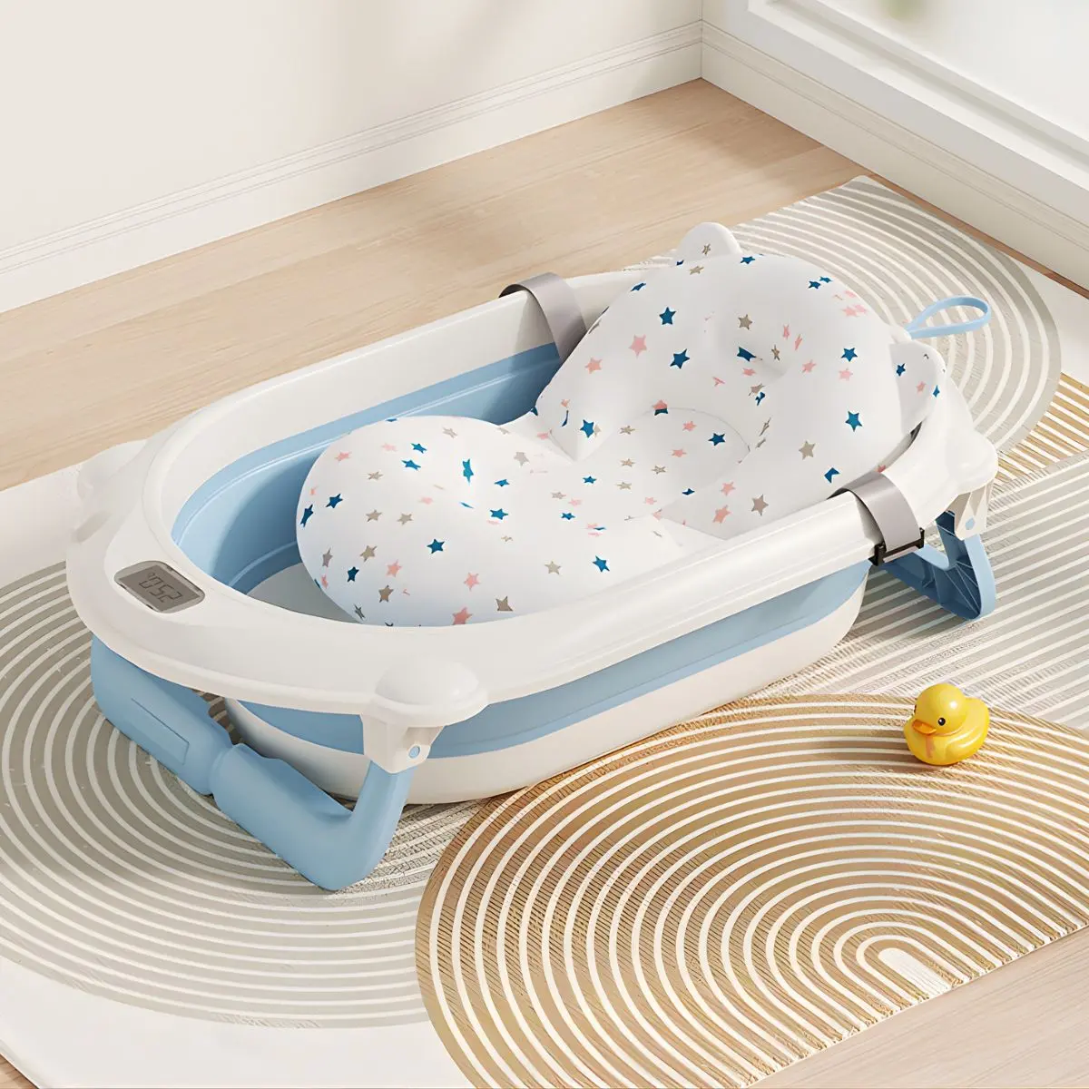 Tina Plegable Para Bebé Con Termómetro Digital Y Cojín Antideslizante. Bañera Infantil Portátil Azul. 1
