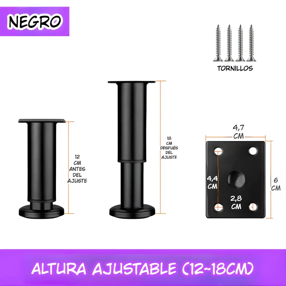 Pata Ajustable Para Muebles 12–18Cm. Soporte Metálico Reforzado Para Sofás, Mesas O Gabinetes. Fáciles De Instalar Y Nivelar. Color Negro. 1