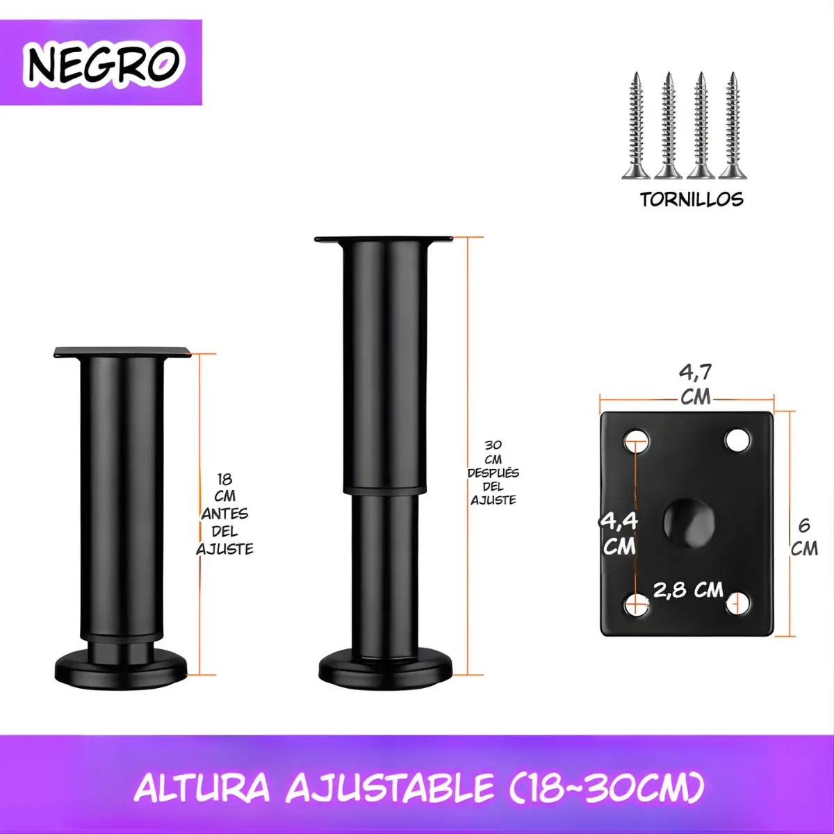Pata Ajustable Para Muebles 18–30Cm. Soporte Metálico Reforzado Para Sofás, Mesas O Gabinetes. Fáciles De Instalar Y Nivelar. Color Negro. 1
