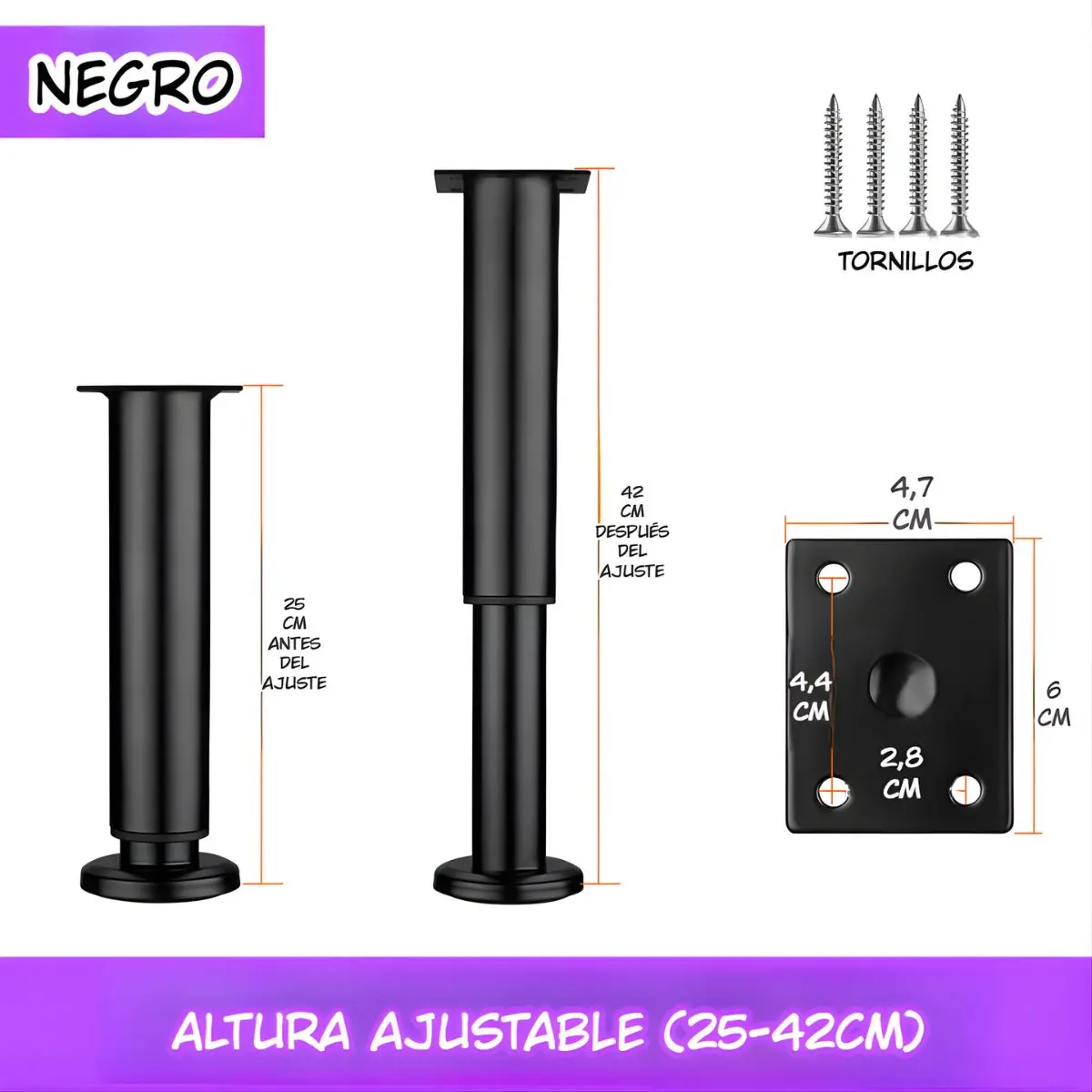 Pata Ajustable Para Muebles 25–42Cm. Soporte Metálico Reforzado Para Sofás, Mesas O Gabinetes. Fáciles De Instalar Y Nivelar. Color Negro. No Incluye La Tornilleria. 1