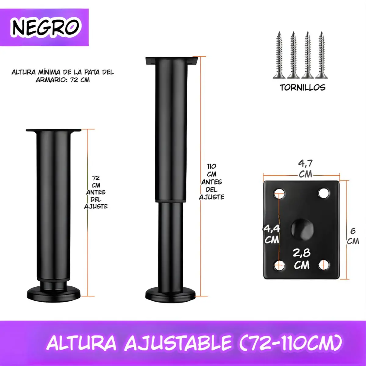 Pata Ajustable Para Muebles 72–110Cm. Soporte Metálico Reforzado Para Sofás, Mesas O Gabinetes. Fáciles De Instalar Y Nivelar. Color Negro. 1