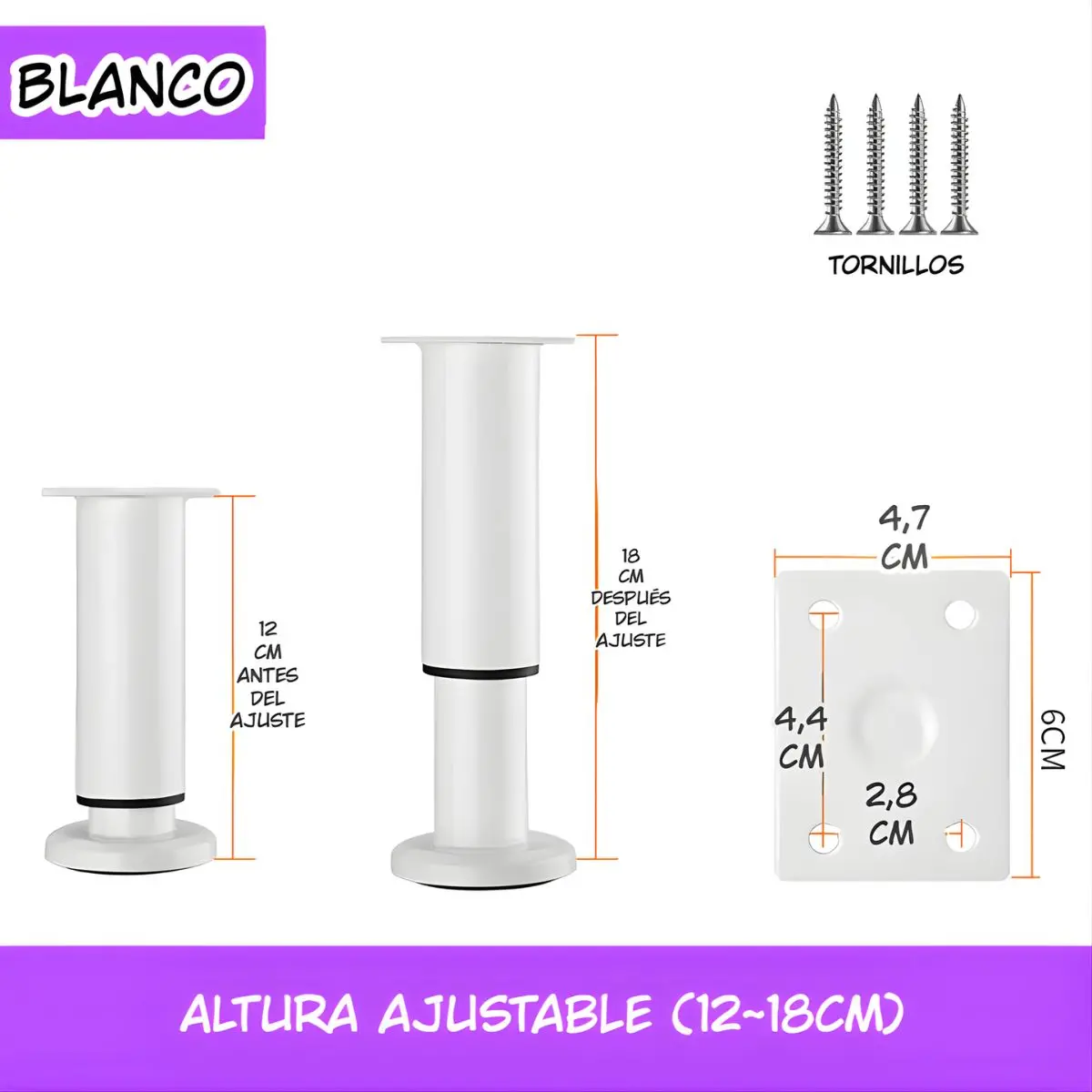Pata Ajustable Para Muebles 12–18Cm. Soporte Metálico Reforzado Para Sofás, Mesas O Gabinetes. Fáciles De Instalar Y Nivelar. Color Blanco. 1