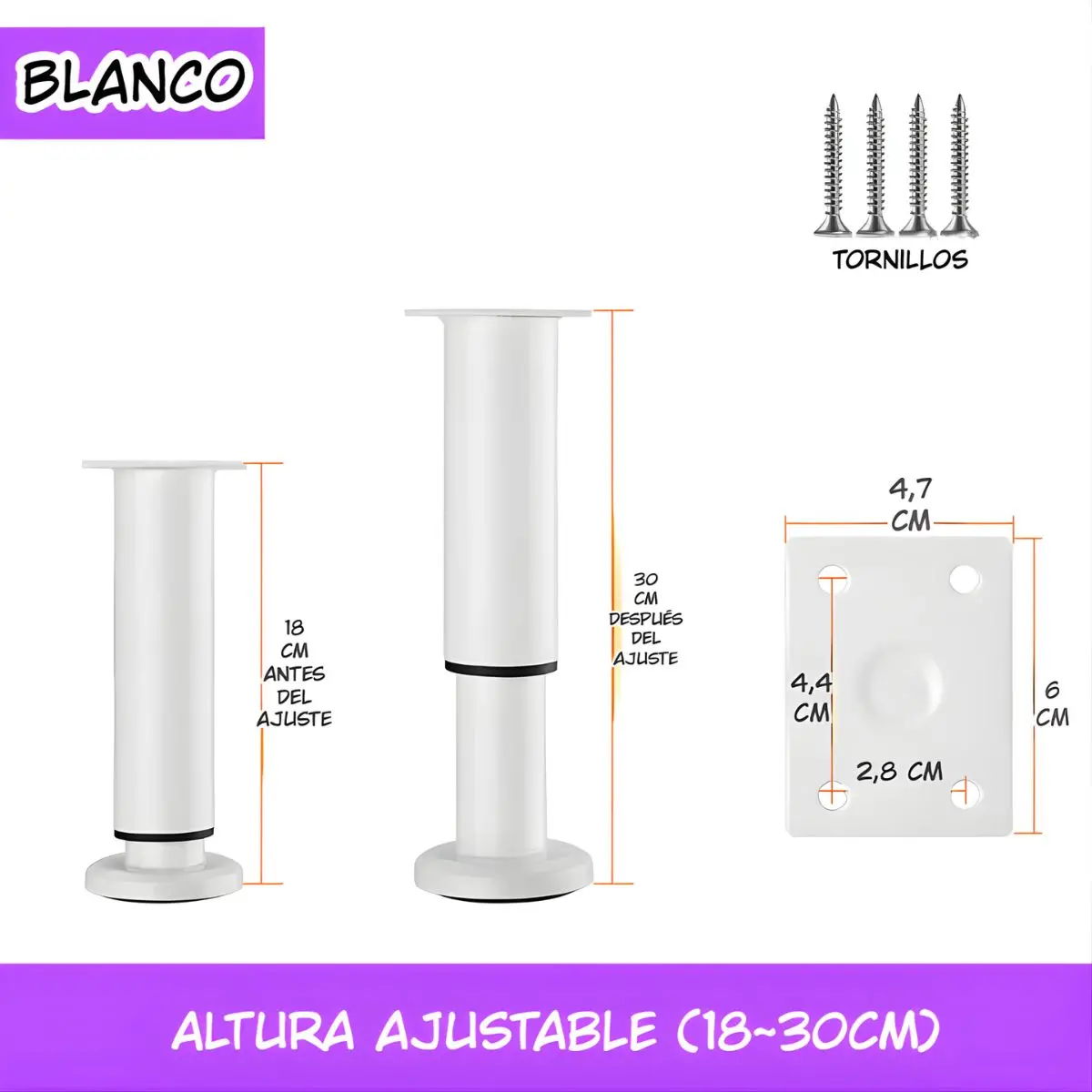 Pata Ajustable Para Muebles 18–30Cm. Soporte Metálico Reforzado Para Sofás, Mesas O Gabinetes. Fáciles De Instalar Y Nivelar. Color Blanco. 1