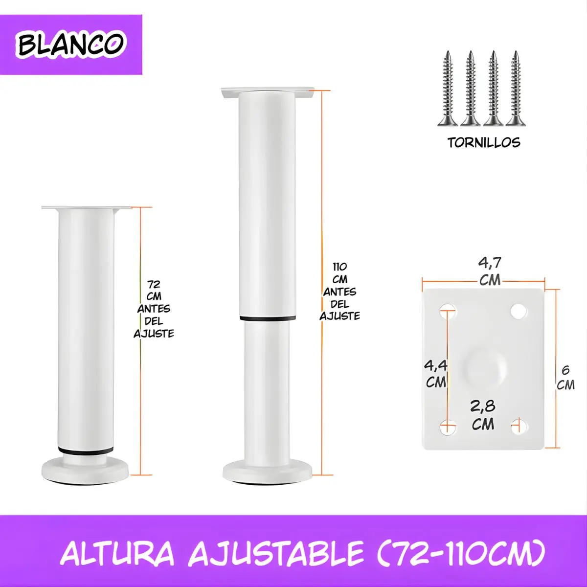 Pata Ajustable Para Muebles 72–110Cm. Soporte Metálico Reforzado Para Sofás, Mesas O Gabinetes. Fáciles De Instalar Y Nivelar. Color Blanco. 1