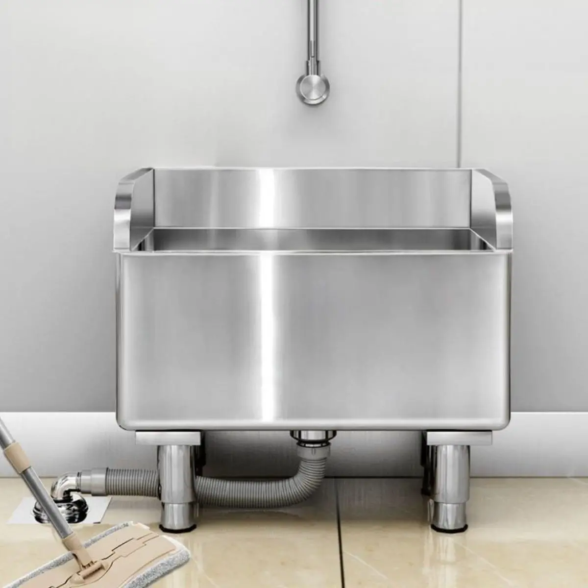Fregadero Tina De Acero Inoxidable 201 Engrosado 17.7X16.1X21.6” (45X41x55 Cm) Patas Ajustables. Fregador Industrial, Lavadero. Incluye Desagüe Con Tubería Cubierta. 1