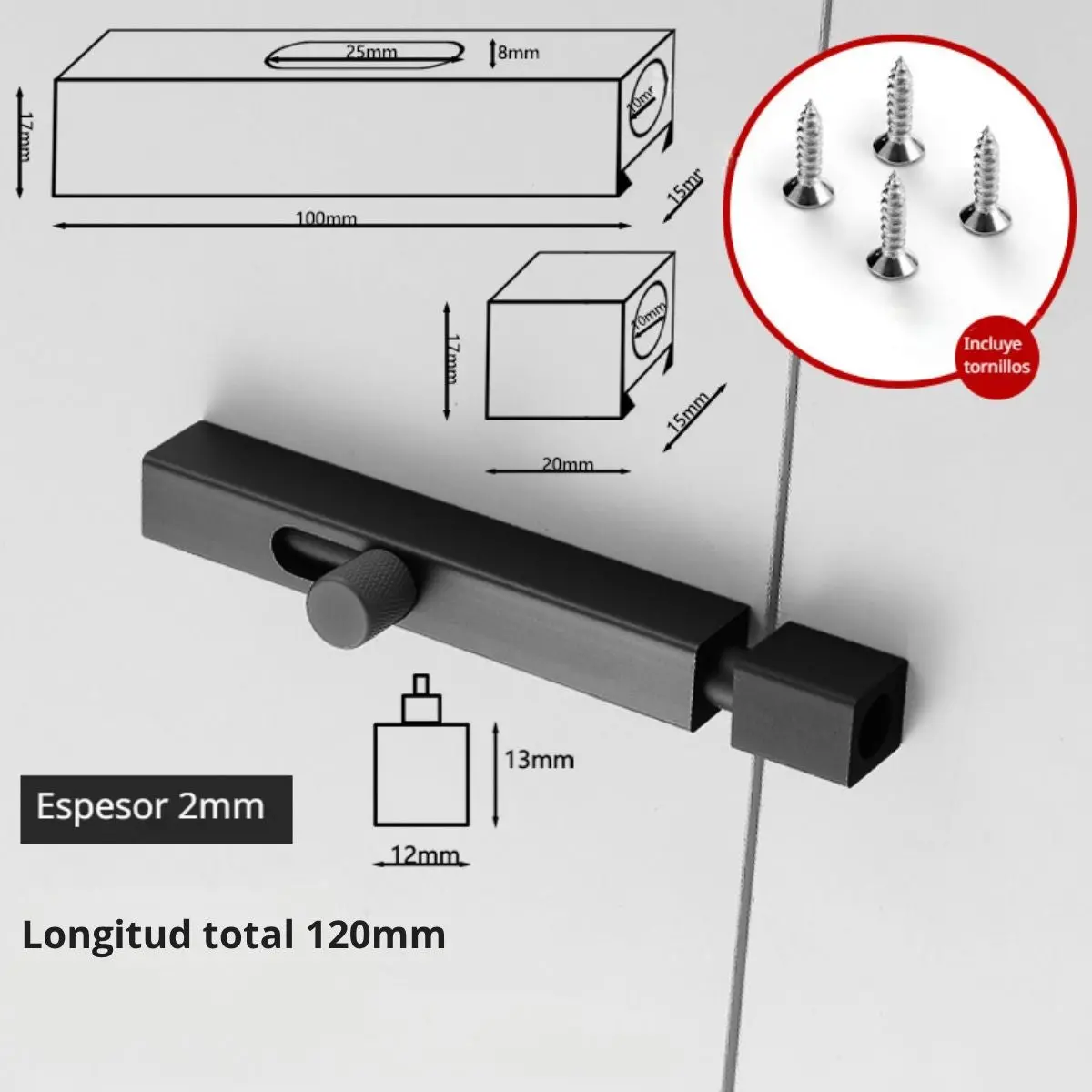 Picaporte Cerrojo Pasador Tipo Perno De 4” (10 Cm) Con Tornillos. De Aluminio Para Puertas Y Ventanas. Aldaba. Color Negro 1