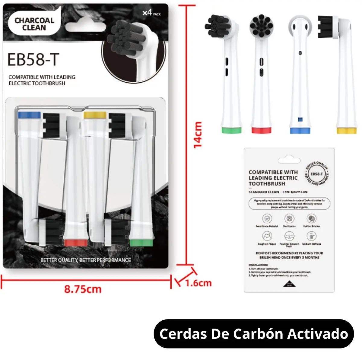 Cabezales De Repuesto Para Cepillo Dental Eléctrico De Cerdas De Carbón Activado (4 Unds). Compatible Con Tu719 Tu770 Y Oral-B 1