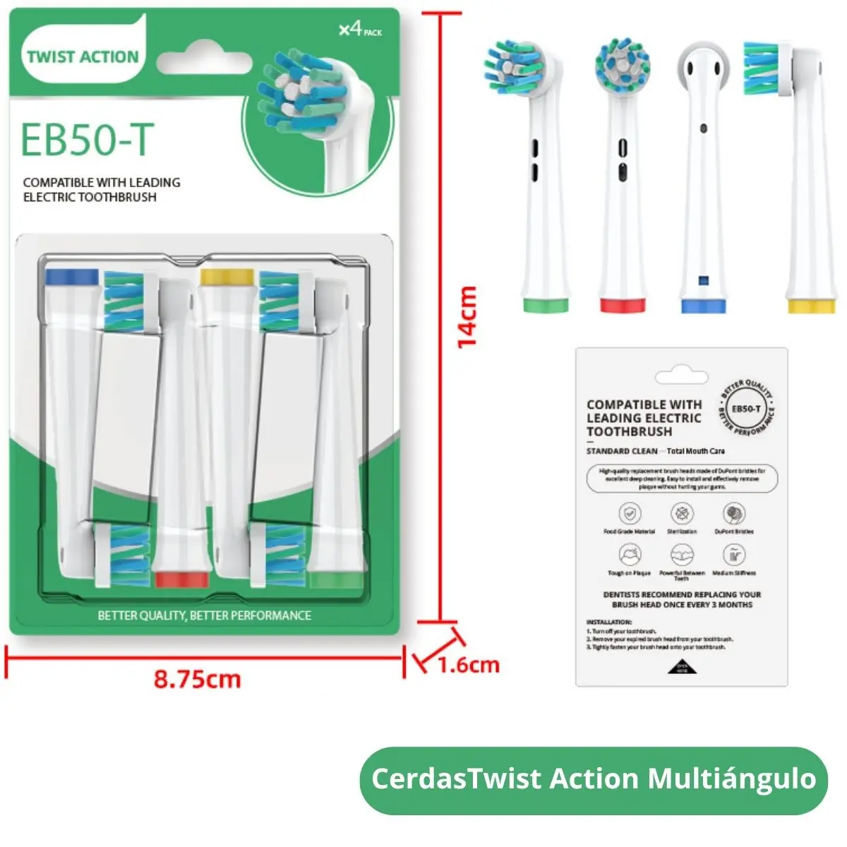 Cabezales De Repuesto Para Cepillo Dental Eléctrico De Cerdas Dupont Twist Action (4 Unds). Compatible Con Tu719 Tu770 Y Oral-B 1