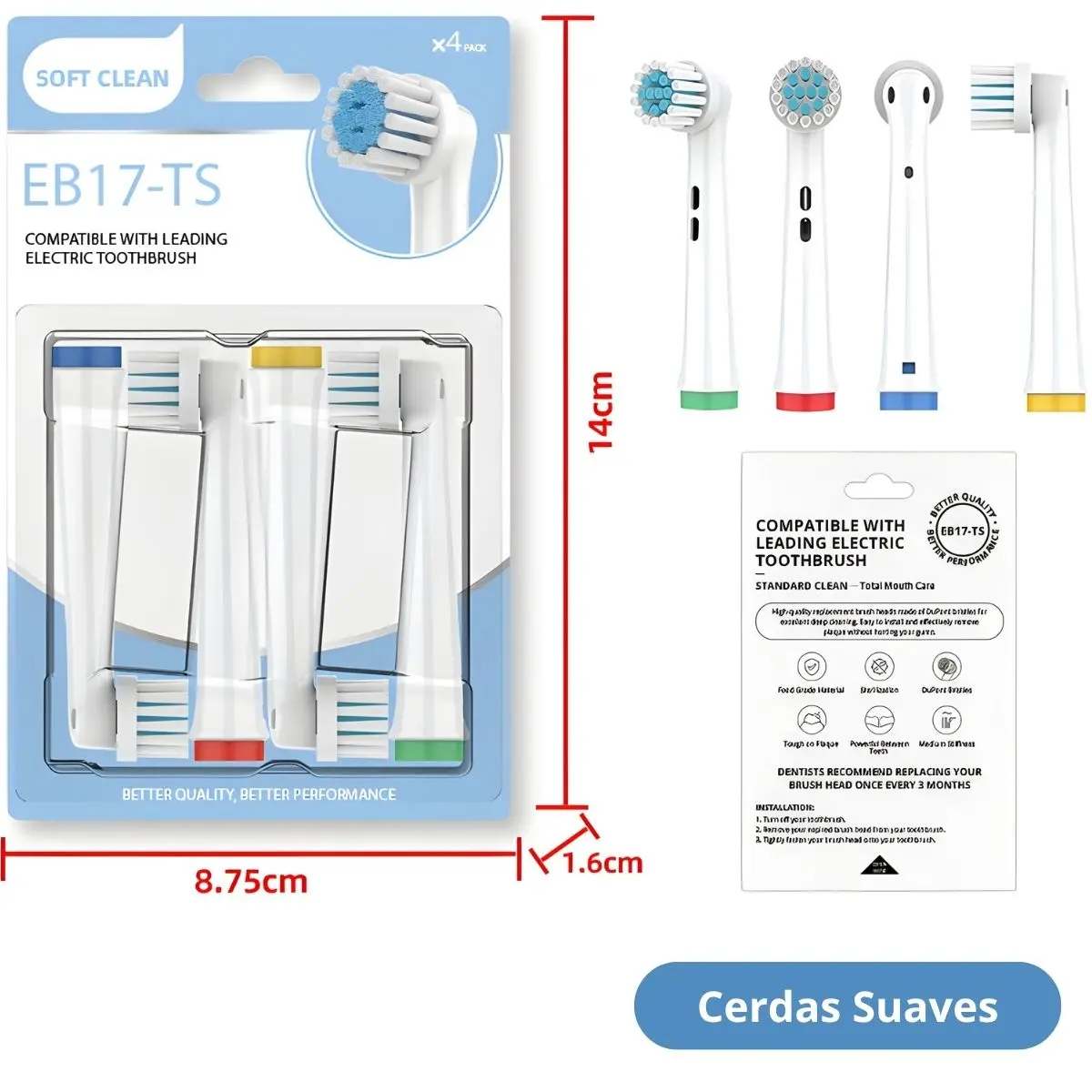 Cabezales De Repuesto Para Cepillo Dental Eléctrico De Cerdas Suaves Dupont Twist Action (4 Unds). Compatible Con Tu719 Tu770 Y Oral-B 1