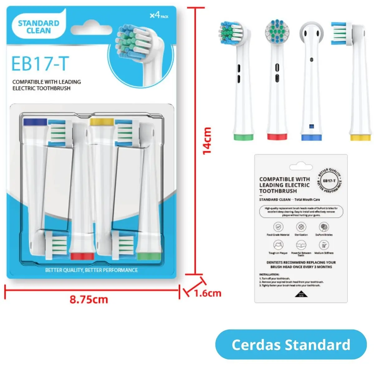 Cabezales De Repuesto Para Cepillo Dental Eléctrico De Cerdas Standard Dupont Twist Action (4 Unds). Compatible Con Tu719 Tu770 Y Oral-B 1