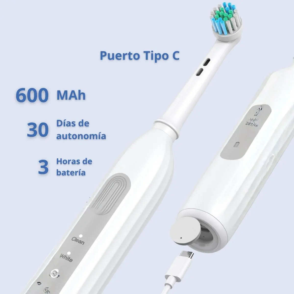 Cepillo De Dientes Eléctrico Rotatorio Impermeable Ipx7, Carga Usb Tipo-C, 600 Mah 30 Días De Autonomía 7500 Vpm, Con 6 Cabezales Y 2 Tapas Antipolvo. Color Blanco. 2