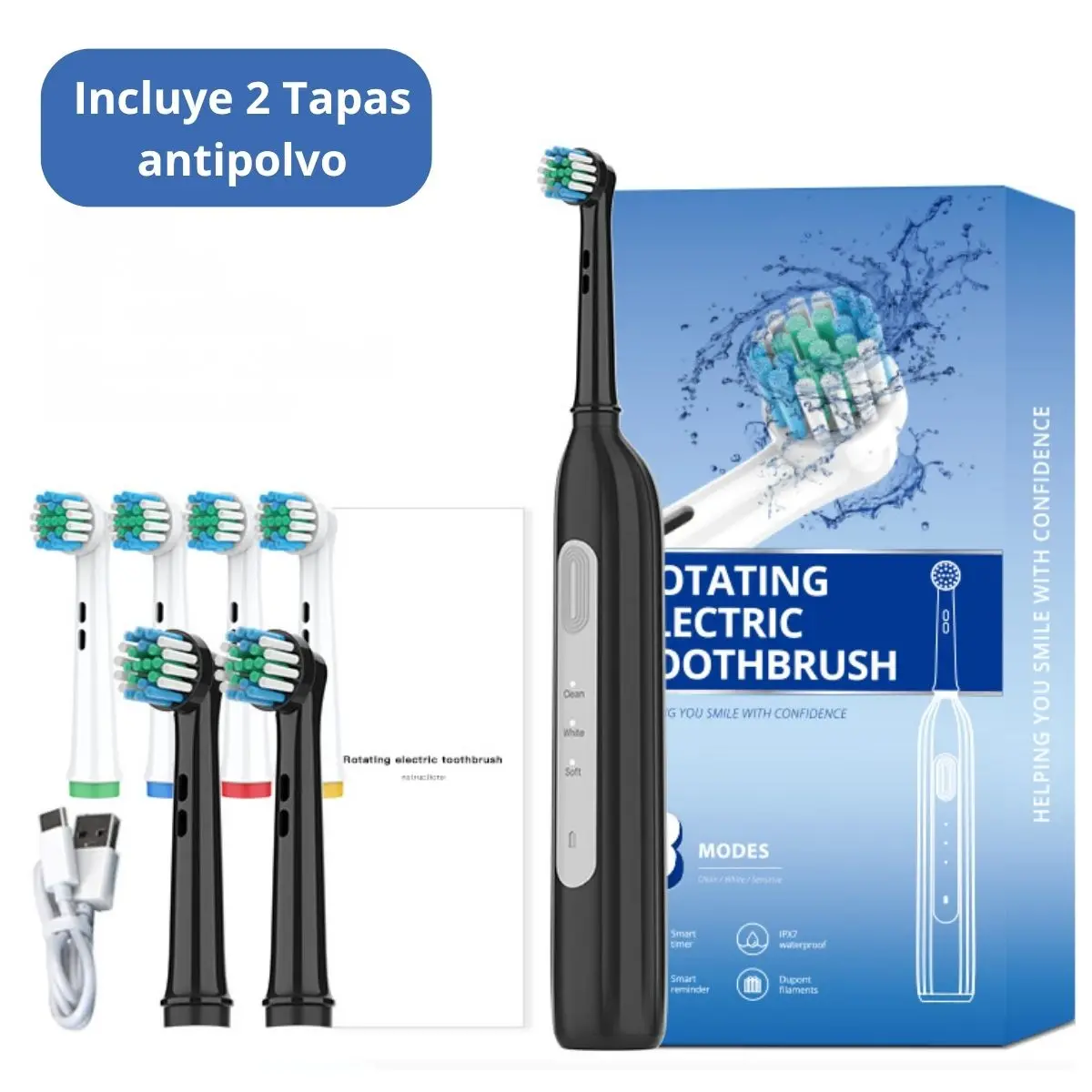 Cepillo De Dientes Eléctrico Rotatorio Impermeable Ipx7, Carga Usb Tipo-C, 600 Mah 30 Días De Autonomía 7500 Vpm, Con 6 Cabezales Y 2 Tapas Antipolvo. Color Negro. 1