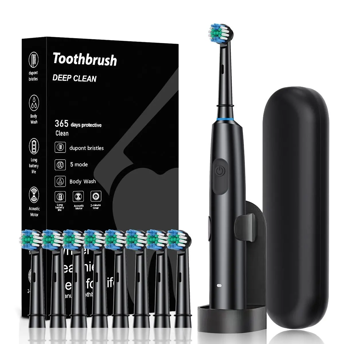 Cepillo De Dientes Eléctrico Recargable Con 5 Modos De Limpieza Y Temporizador. Resistente Al Agua Ipx7. Con Puerto De Carga Usb Tipo C. Incluye 8 Cabezales. Color Negro. 1