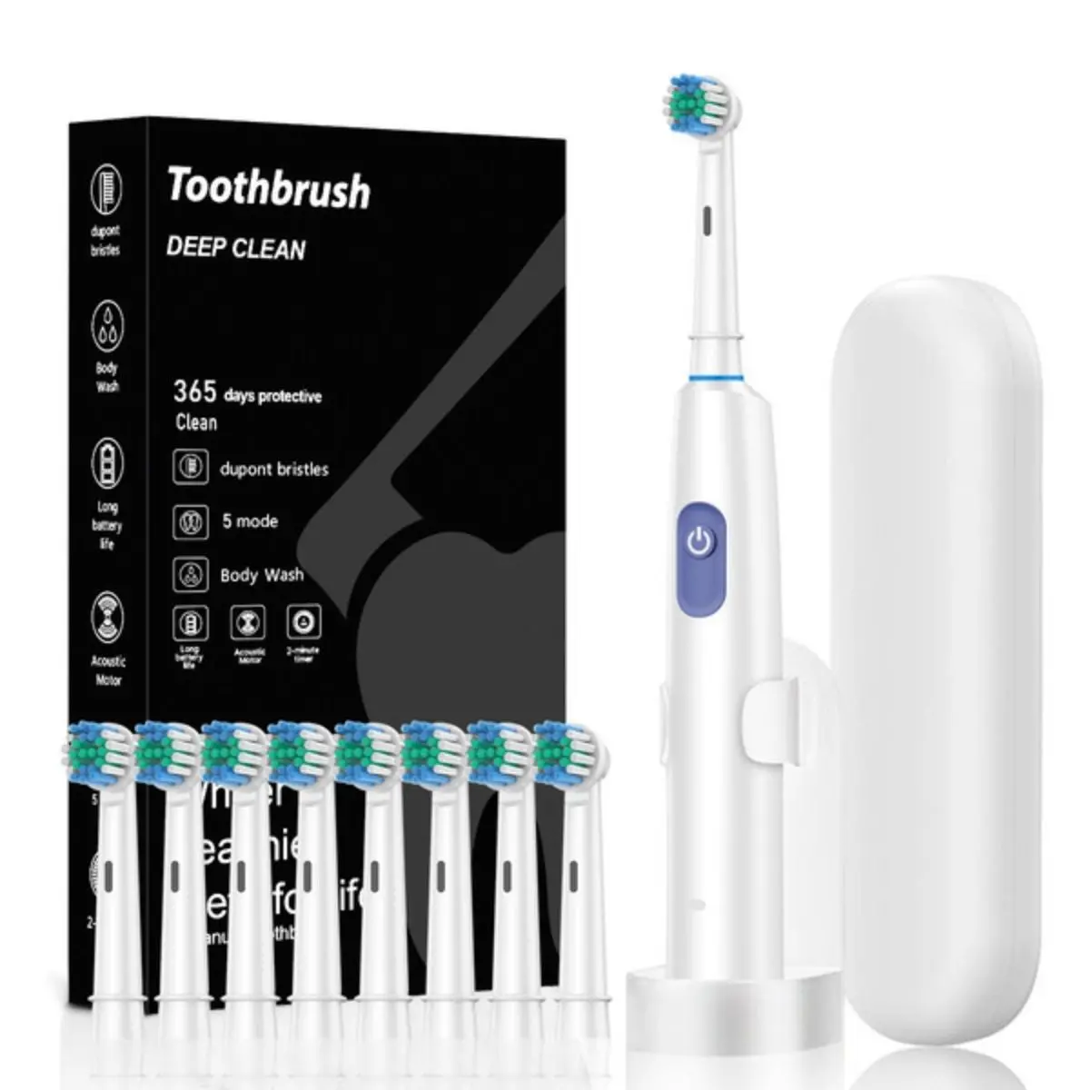 Cepillo De Dientes Eléctrico Recargable Con 5 Modos De Limpieza Y Temporizador. Resistente Al Agua Ipx7. Con Puerto De Carga Usb Tipo C. Incluye 8 Cabezales. Color Blanco. 1