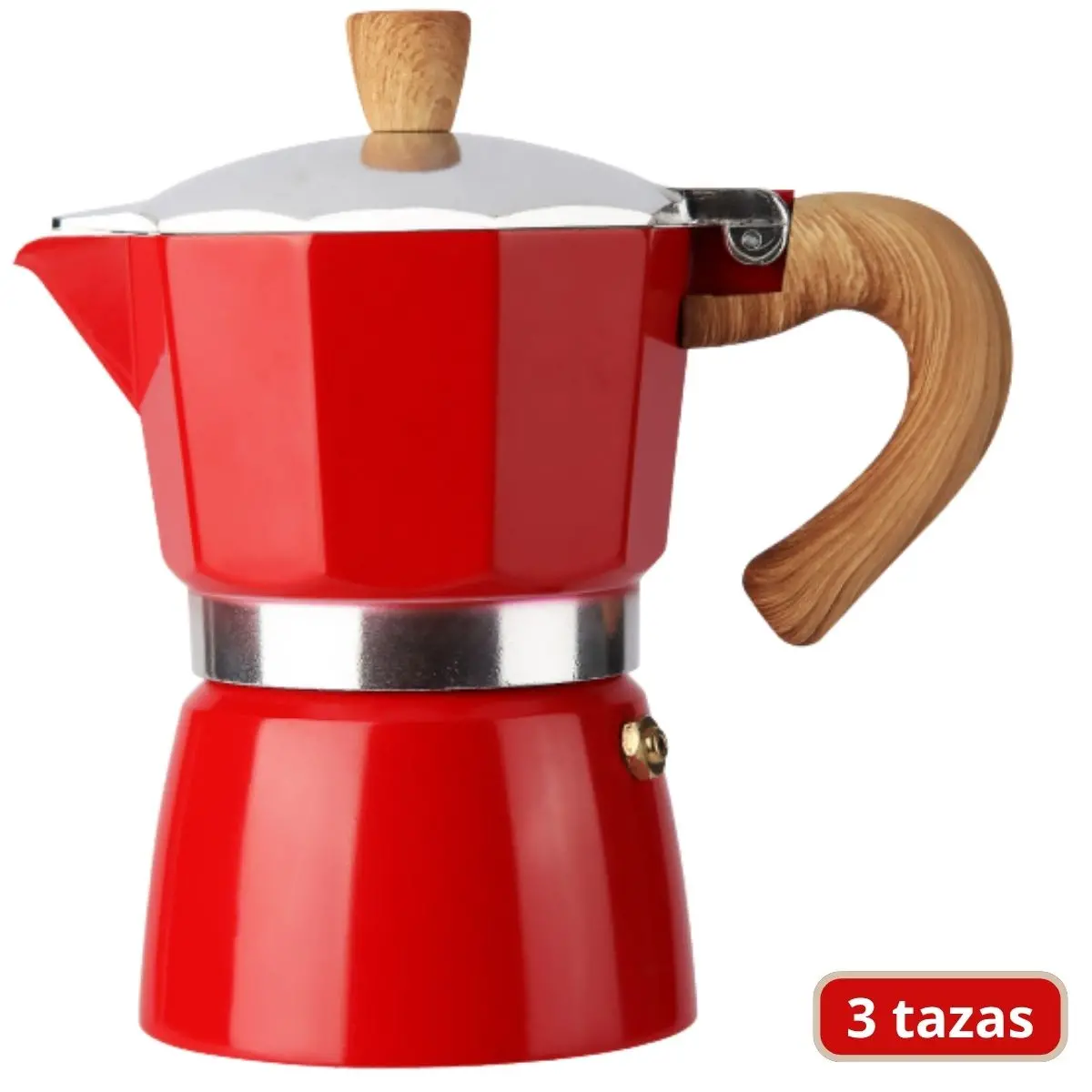 Cafetera Italiana Moka Pot Clásica De Aluminio Grado Alimenticio De 3 Tazas (150Ml) Con Asa Estilo Madera Resistente Al Calor. Greca, Percoladora. Color Rojo. 1