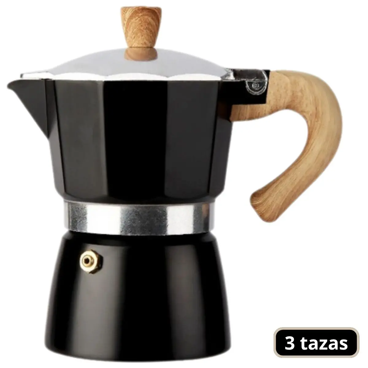 Cafetera Italiana Moka Pot Clásica De Aluminio Grado Alimenticio De 3 Tazas (150Ml) Con Asa Estilo Madera Resistente Al Calor. Greca, Percoladora. Color Negro. 1