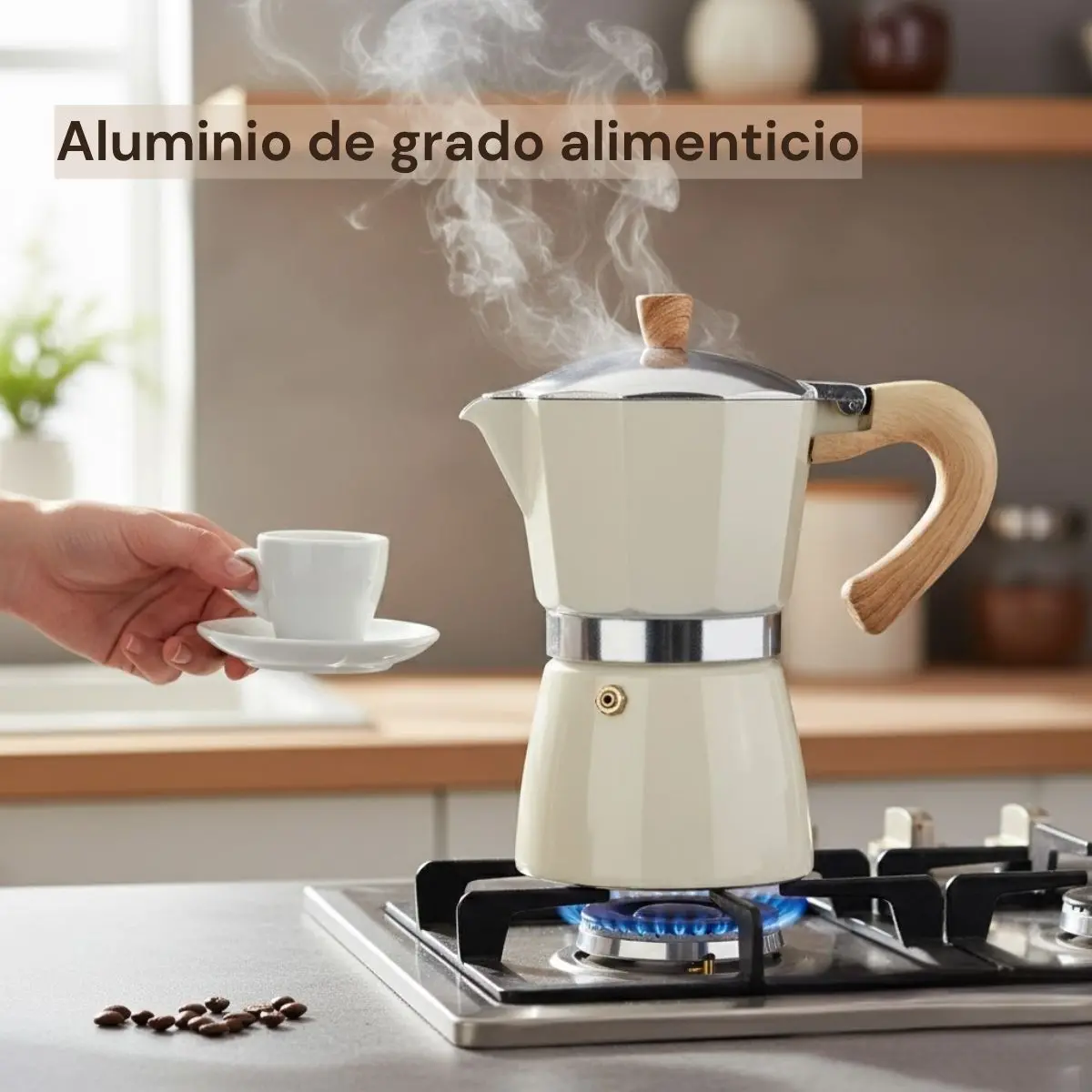 Cafetera Italiana Moka Pot Clásica De Aluminio Grado Alimenticio De 6 Tazas (300Ml) Con Asa Estilo Madera Resistente Al Calor. Greca, Percoladora. Color Blanco. 2