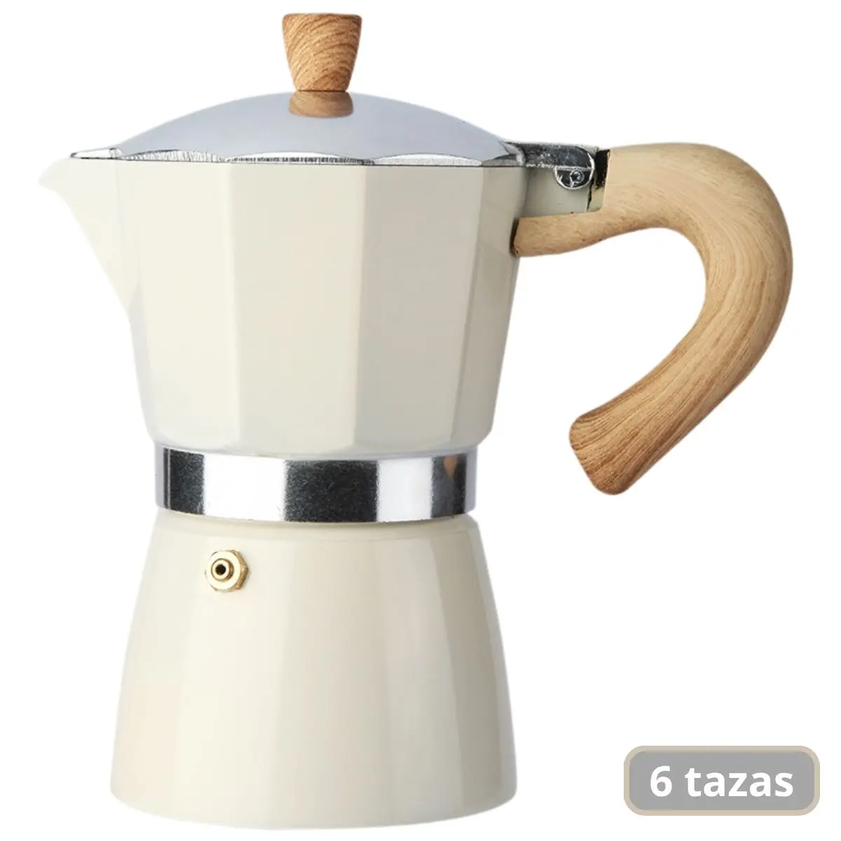 Cafetera Italiana Moka Pot Clásica De Aluminio Grado Alimenticio De 6 Tazas (300Ml) Con Asa Estilo Madera Resistente Al Calor. Greca, Percoladora. Color Blanco. 1
