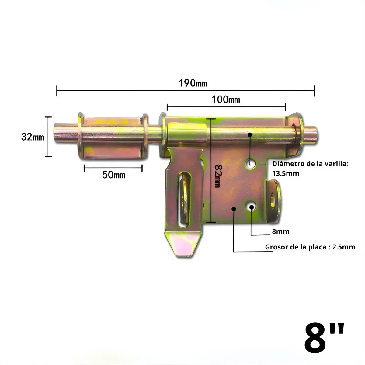 Picaporte Pasador Tipo Perno De Seguridad Bidireccional 8” (20.3Cm) De Hierro Cerrojo Galvanizado Antióxido Para Puertas Y Portones. Color Dorado 1