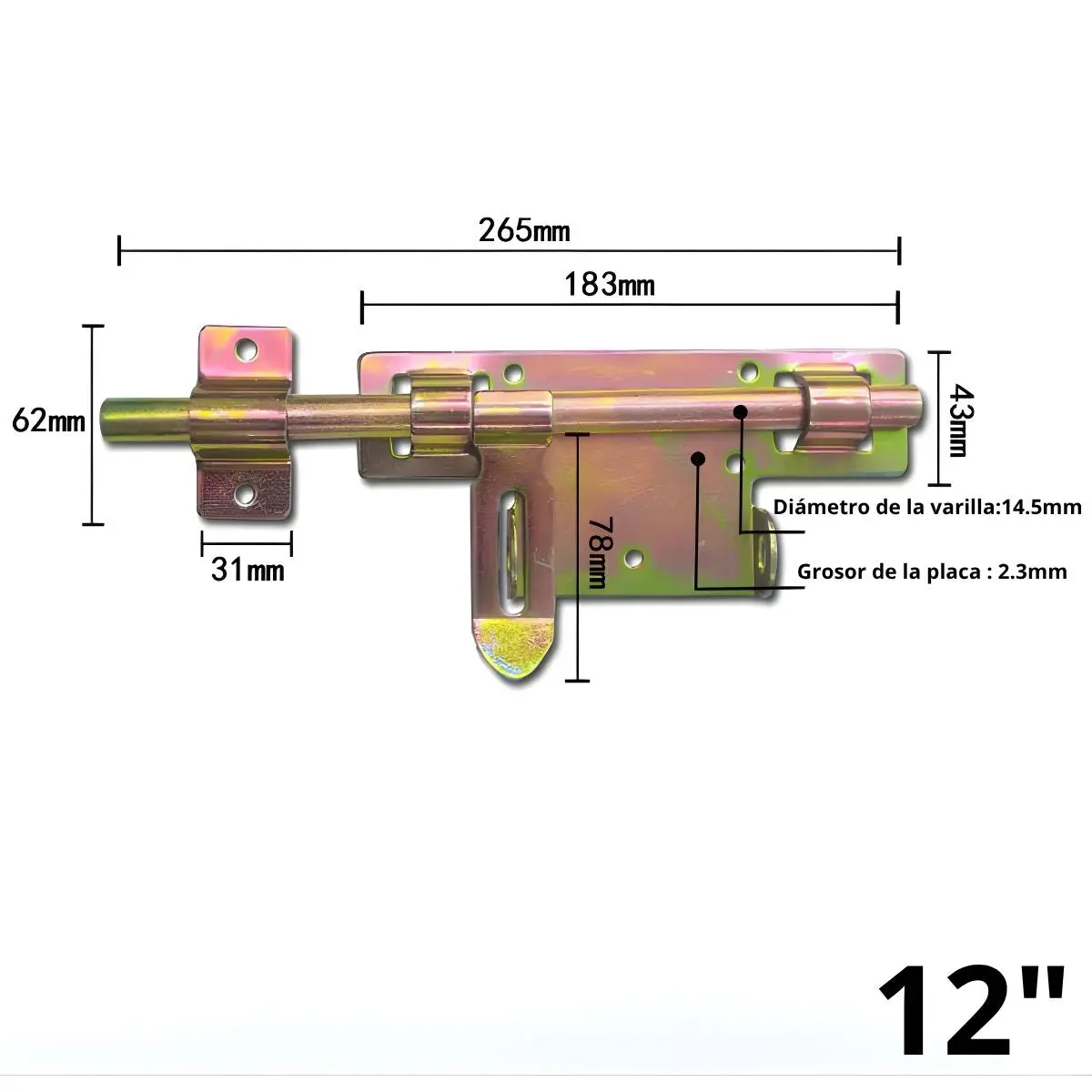 Pasador Picaporte Tipo Perno De Seguridad De Seguridad Bidireccional 12” (30.5Cm). Cerrojo De Acero Galvanizado Antióxido Para Puertas Y Portones. Color Dorado 1