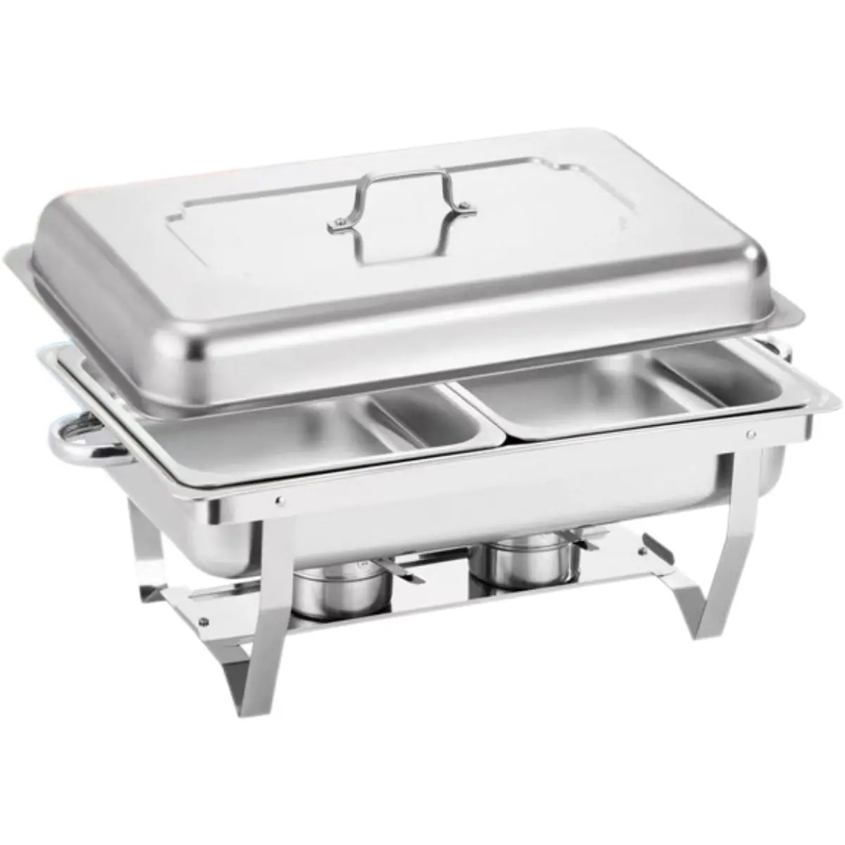 Chafing Dish Rectangular De Acero Inoxidable De Dos Compartimientos Calentamiento Por Alcohol Para Hoteles, Restaurantes, Buffets, Catering. 1