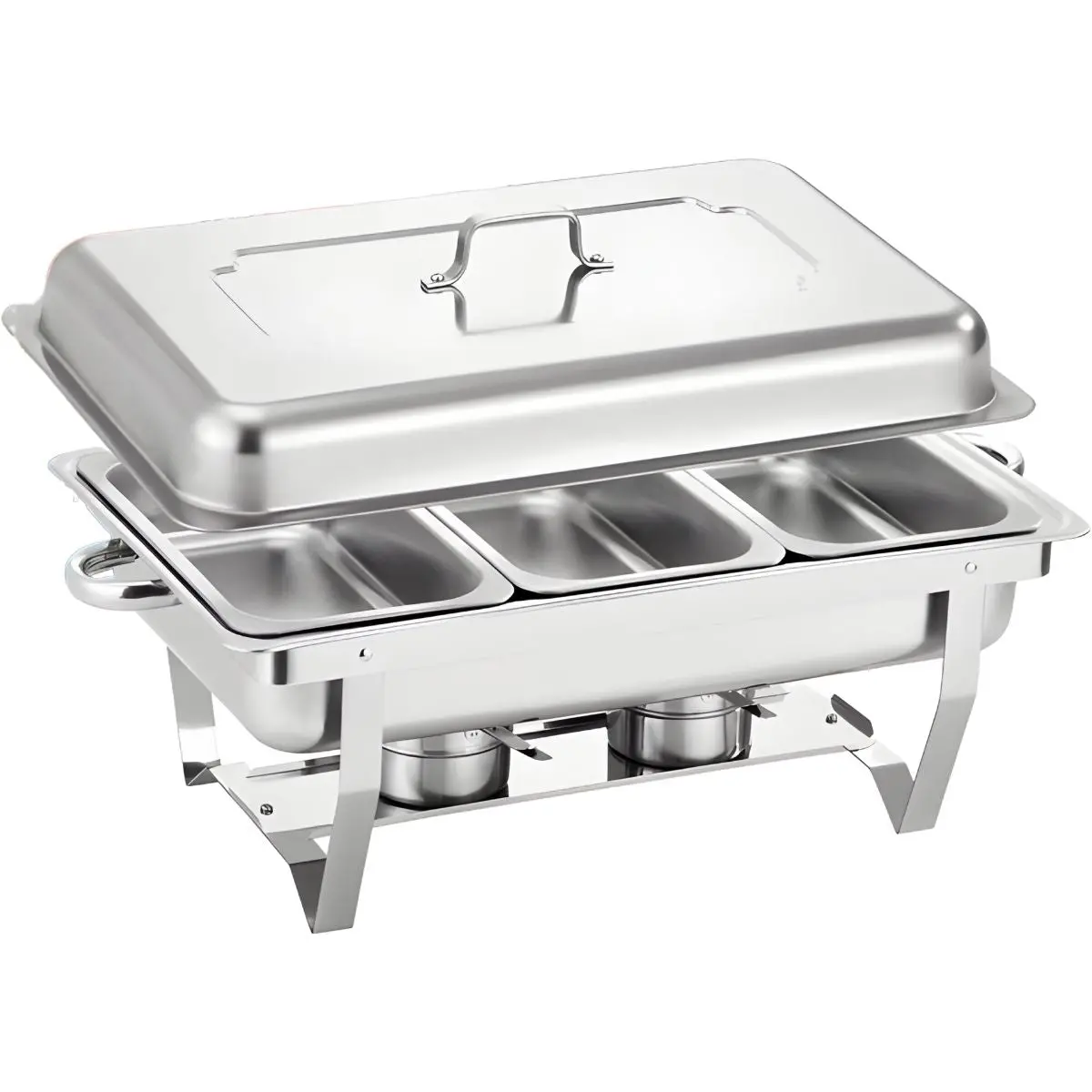 Chafing Dish Rectangular De Acero Inoxidable De Tres Compartimientos Calentamiento Por Alcohol Para Hoteles, Restaurantes, Buffets, Catering. 1