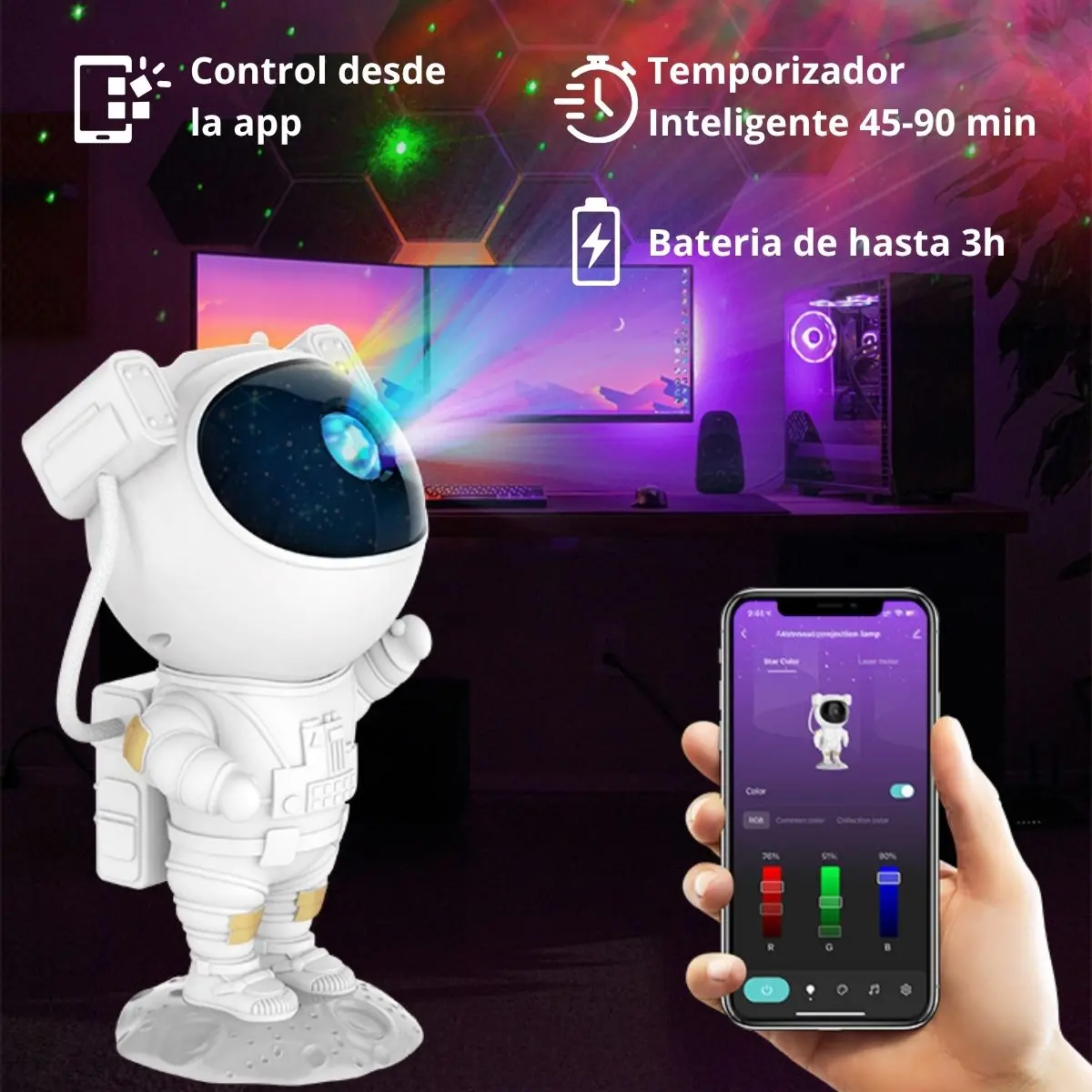 Proyector Astronauta Luz Nocturna 4.7X4.3X9” (12X11x23cm) 5V 1A, 2500Mah. Ideal Para Habitaciones Infantiles Y Decoración. 1