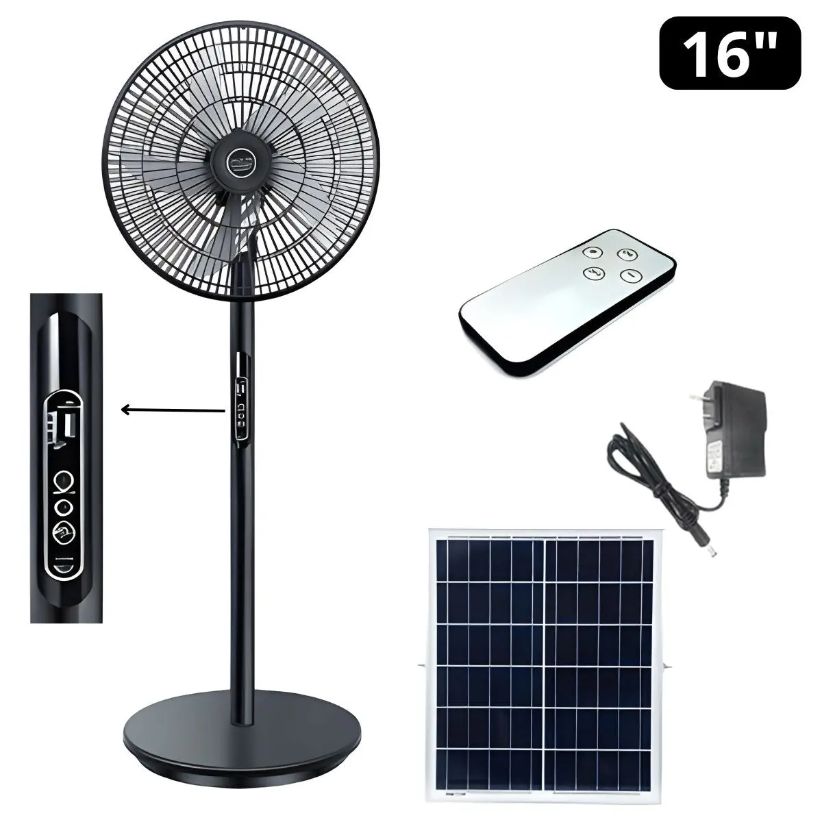 Abanico Ventilador Solar De Pedestal A Control Remoto 5V 25W.Con Batería De Litio 20000 Mah Recargable Y Panel Fotovoltaico 6V 20W. Puerto Usb De 16” (40.6Cm) 1