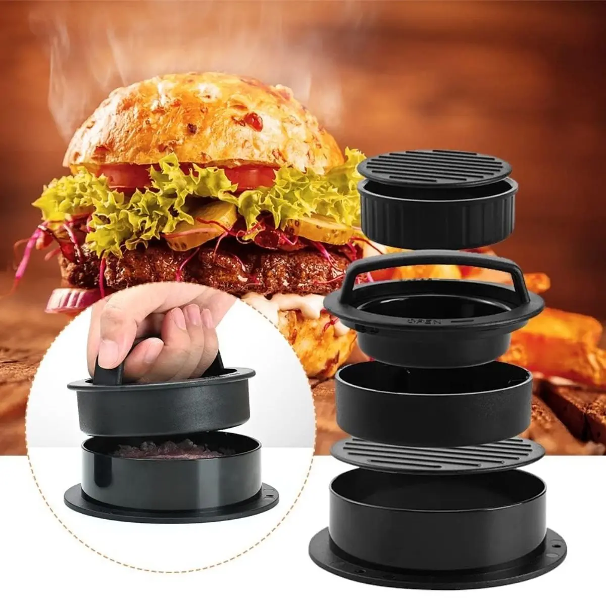 Prensa Molde Para Hamburguesas 2.8” (7.2Cm) 3.8” (9.7Cm) 4.1” (10.3Cm) Antihaderente De Plástico Resistente Grado Alimenticio. 1