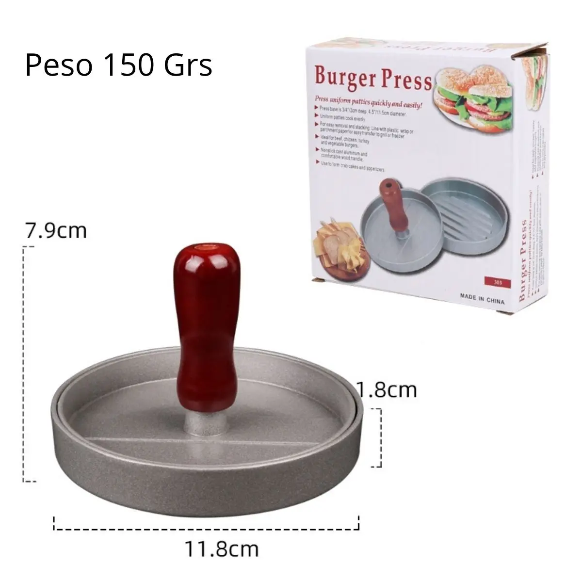 Prensa Molde Para Hamburguesas De Aluminio De Grado Alimenticio Con Mango De Madera 4.7” (11.8Cm) Diámetro, 0.71” (1.8Cm) Altura Y 150Grs. Moldeador Formador De Carne. 2