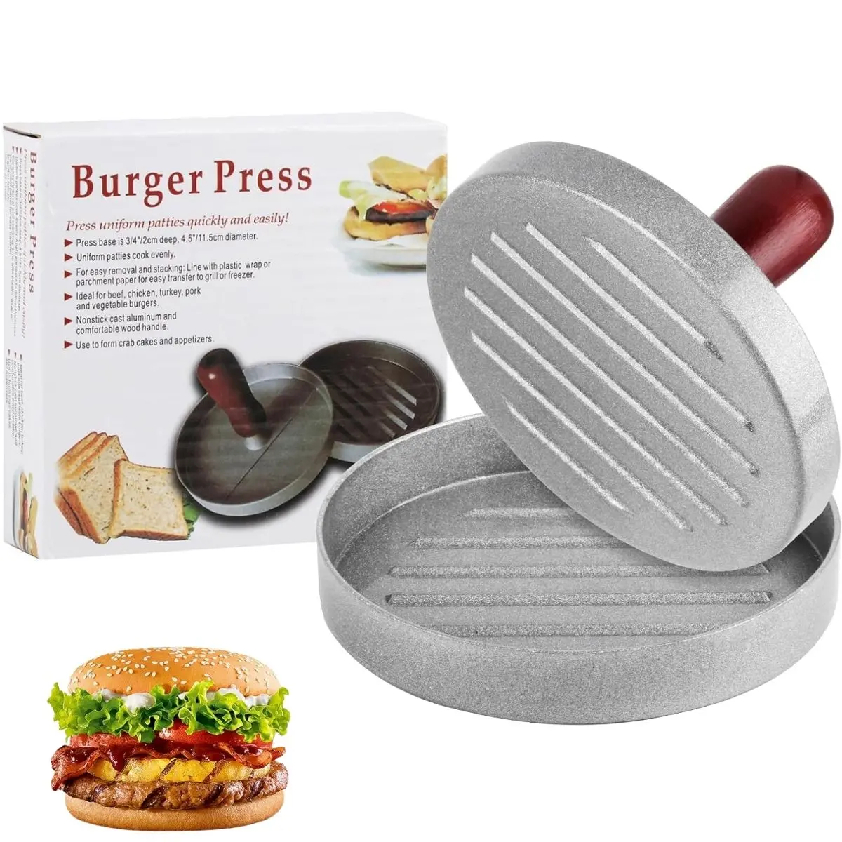 Prensa Molde Para Hamburguesas De Aluminio De Grado Alimenticio Con Mango De Madera 4.7” (11.8Cm) Diámetro, 0.71” (1.8Cm) Altura Y 150Grs. Moldeador Formador De Carne. 1