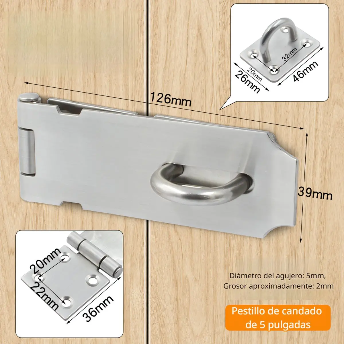 Aldaba Portacandado 5". Acero Inoxidable. Pestillo De Seguridad Para Puertas Y Armarios. 2