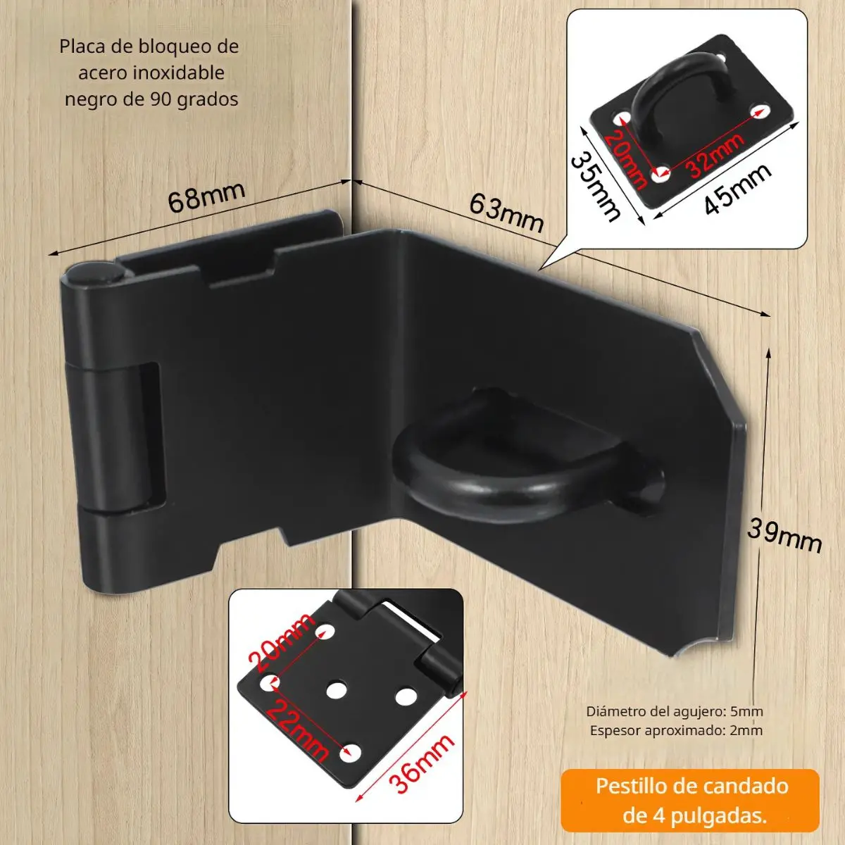 Aldaba Portacandado 4". Acero Inoxidable Con Diseño En 90 Grados. Pestillo De Seguridad Para Puertas Y Armarios. Color Negro. 1