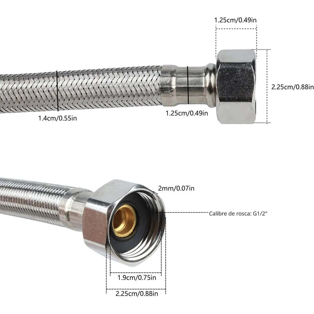 Tubo De Abasto Manguera Flexible 40Cm Acero Inoxidable Trenzado Con Conectores G1/2 Y G7/8. 2