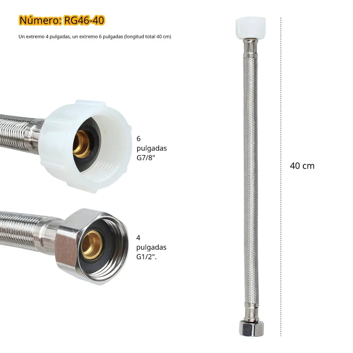 Tubo De Abasto Manguera Flexible 40Cm Acero Inoxidable Trenzado Con Conectores G1/2 Y G7/8. 1
