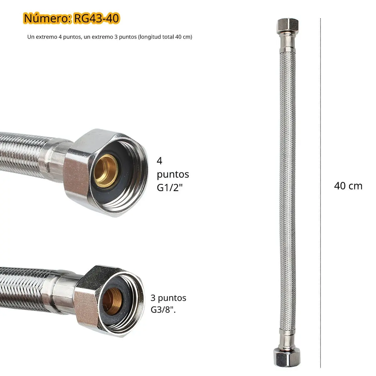 Tubo De Abasto Manguera Flexible 40Cm Acero Inoxidable Trenzado Con Conectores G1/2 Y G3/8. 1