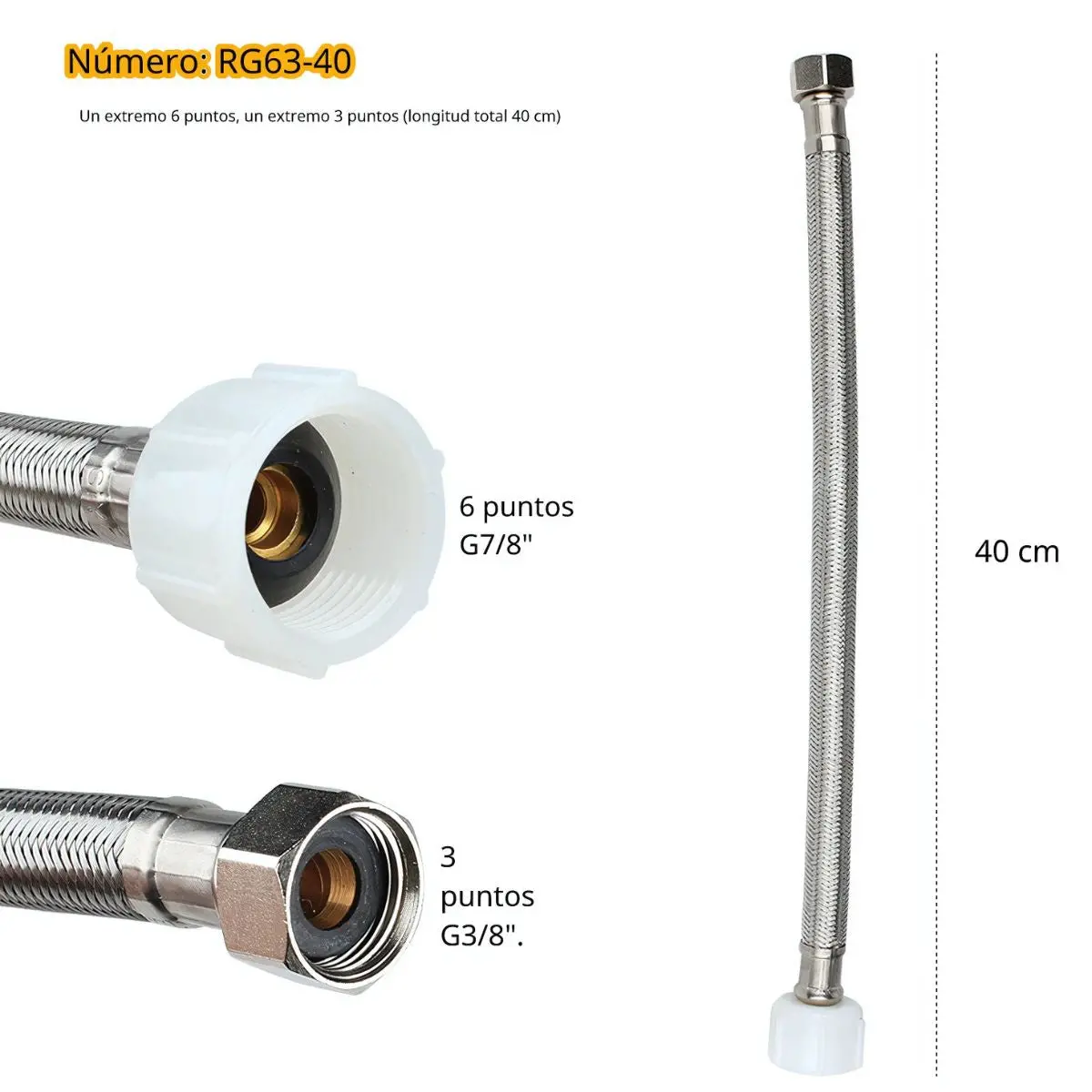 Tubo De Abasto Manguera Flexible 40Cm Acero Inoxidable Trenzado Con Conectores G7/8 Y G3/8. 1
