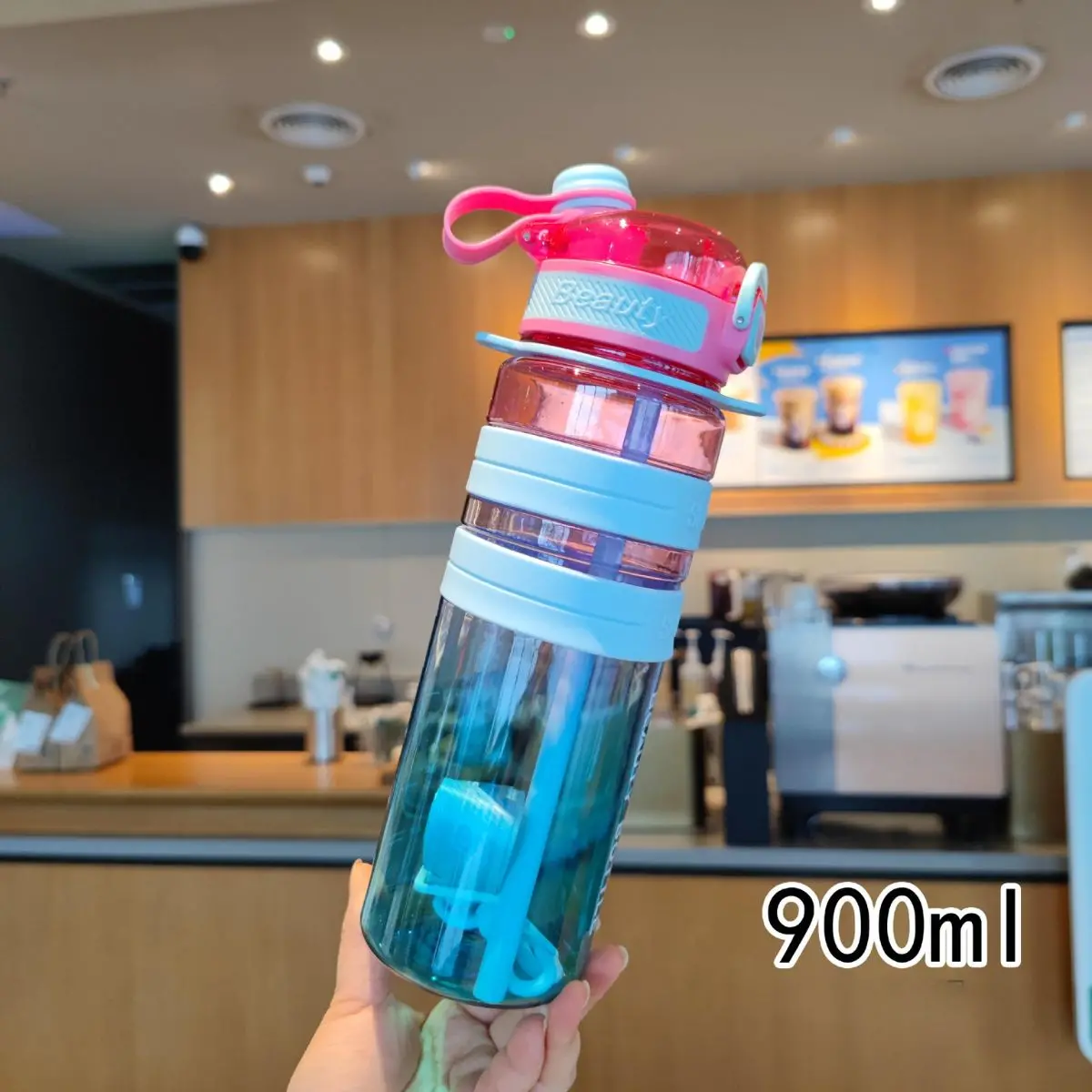 Botella De Agua Plástica 900 Ml. Termo Fucsia Con Celeste. Tapa Hermética Y Diseño Antiderrame. Bpa Free. 1