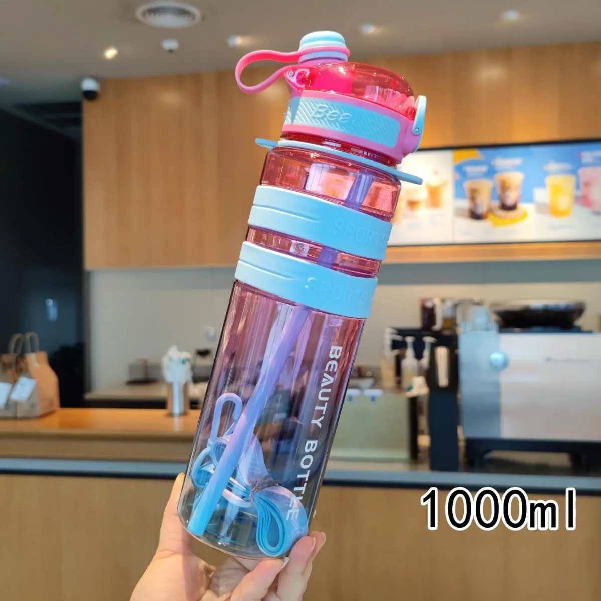 Botella De Agua Plástica 1000 Ml. Termo Fucsia Con Celeste. Tapa Hermética Y Diseño Antiderrame. Bpa Free. 1