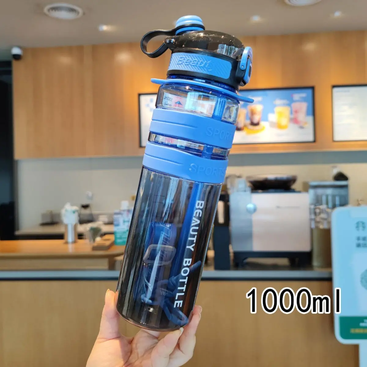 Botella De Agua Plástica 1000 Ml. Termo Azul Con Negro. Tapa Hermética Y Diseño Antiderrame. Bpa Free. 1
