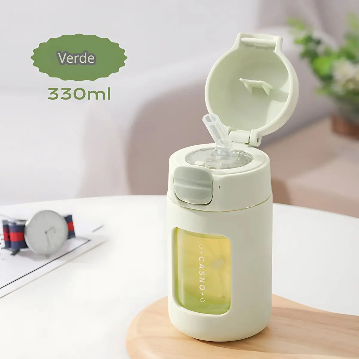 Botella De Agua Plástica 330 Ml. Termo Verde Con Tapa A Prueba De Fugas. Bpa Free. 1