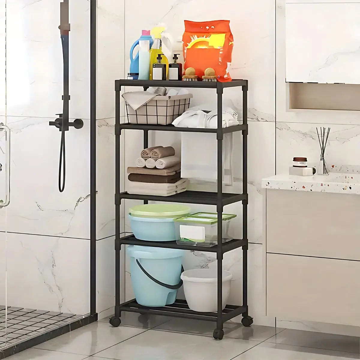 Estante Organizador De 5 Niveles Con Ruedas Para Baño, Cocina O Lavandería. Repisa Para Almacenamiento. 140X50.5X30cm Color Negro. 1