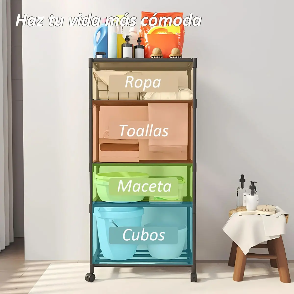 Estante Organizador De 5 Niveles Con Ruedas Para Baño, Cocina O Lavandería. Repisa Para Almacenamiento. 140X50.5X30cm Color Negro. 2